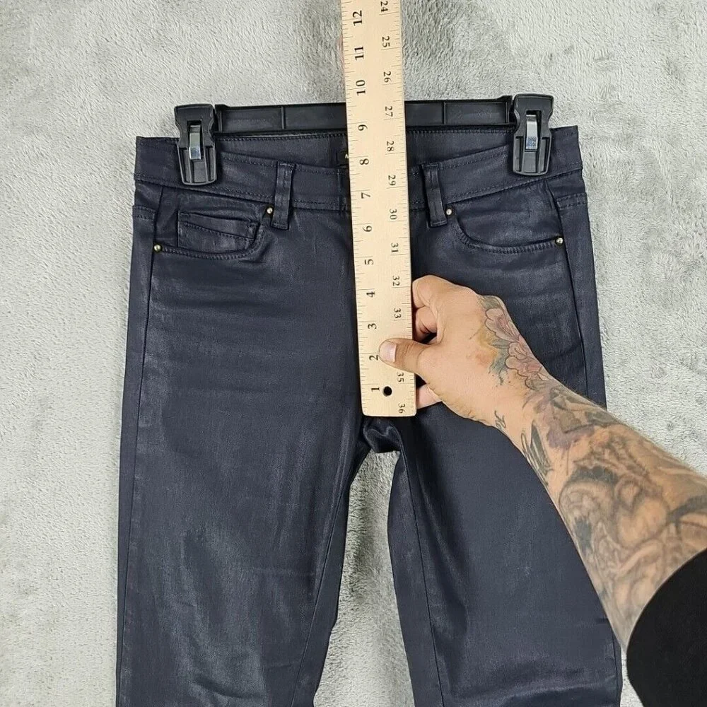 Massimo Dutti Jeans Womens Size 2 Waxed Dark Blue Skinny Fit Low Rise Stretch - Picture 6 of 13